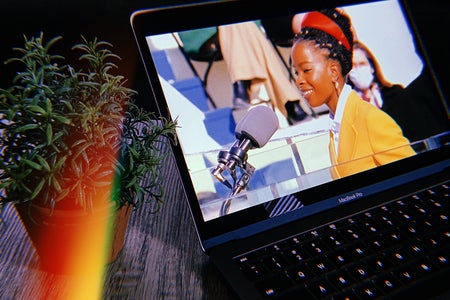 Laptop playing video of Amanda Gorman reading a poem at the 2021 inauguration