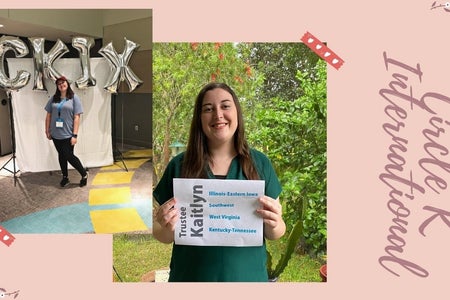Woman posing in front of balloons that say CKIx and same woman posing with a piece of paper that has writing on it
