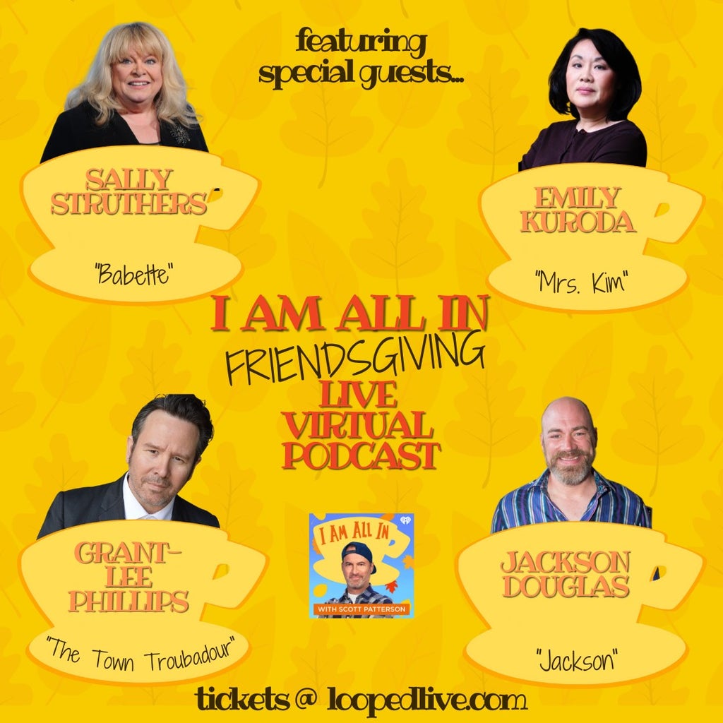 Yellow graphic featuring four guest stars from Gilmore Girls whose names are printed on yellow coffee mugs