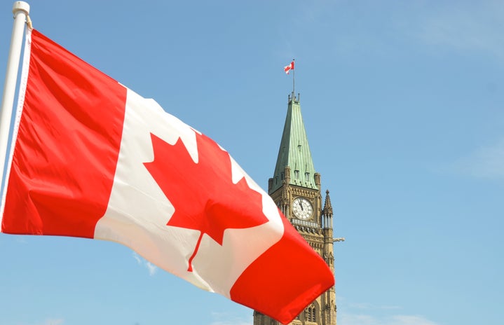 Canadian flag flying at parliament building in Ottawa ON Canada