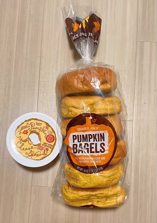 Trader Joe\'s pumpkin bagels and pumpkin cream cheese