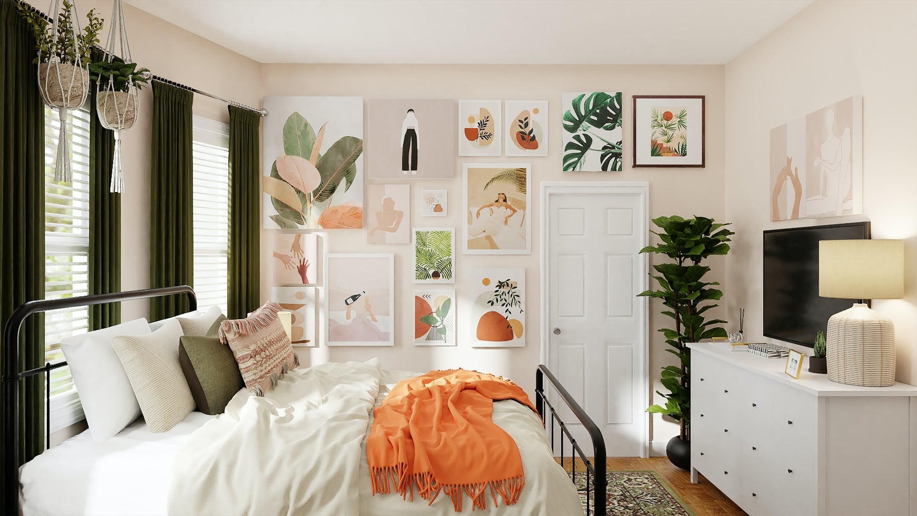 white bedroom with art prints