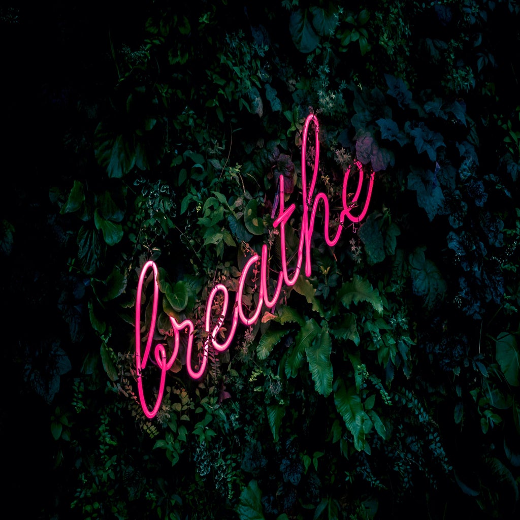 The background are leaves with the hot pink neon sign 