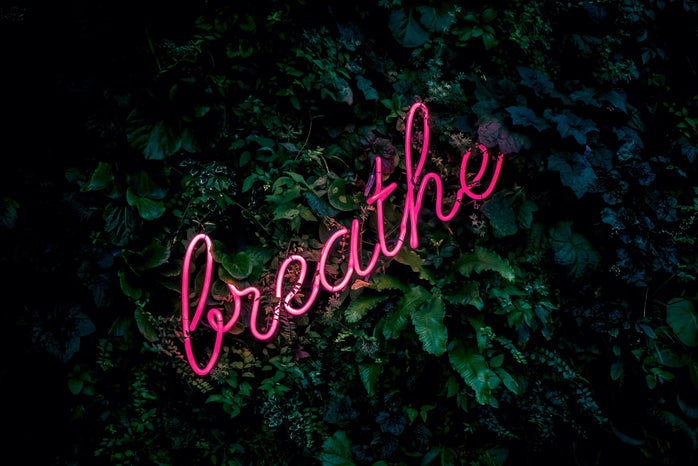 The background are leaves with the hot pink neon sign "breathe"