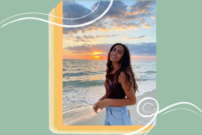 girl standing in front of sunset at beach with illustration.