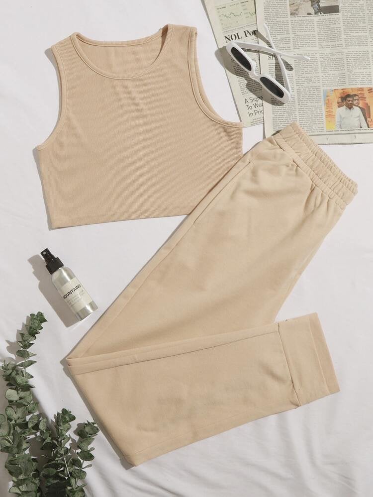 Tan loungewear two piece set. Sweatpants and tank top