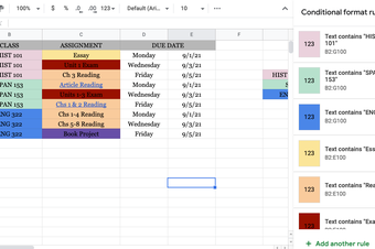 Portion of the spreadsheet making process for class assignments.