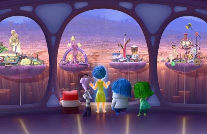 Four colorful animated figures looking through a window.