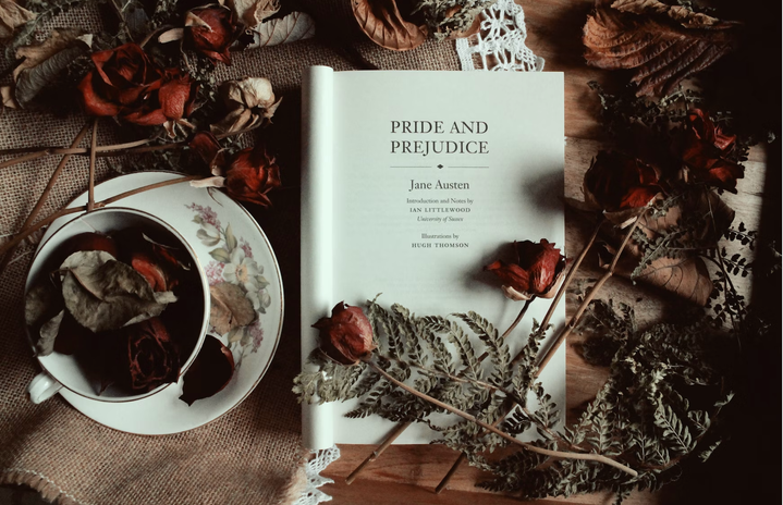 Pride and Prejudice surrounded by flowers