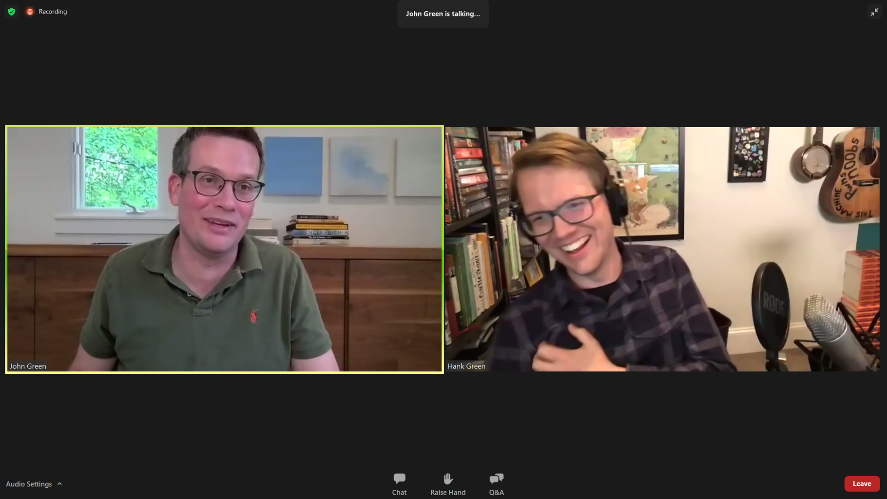 Screenshot of John Green and Hank Green taken via Zoom during a leg of his book tour for \"The Anthropocene Reviewed\"