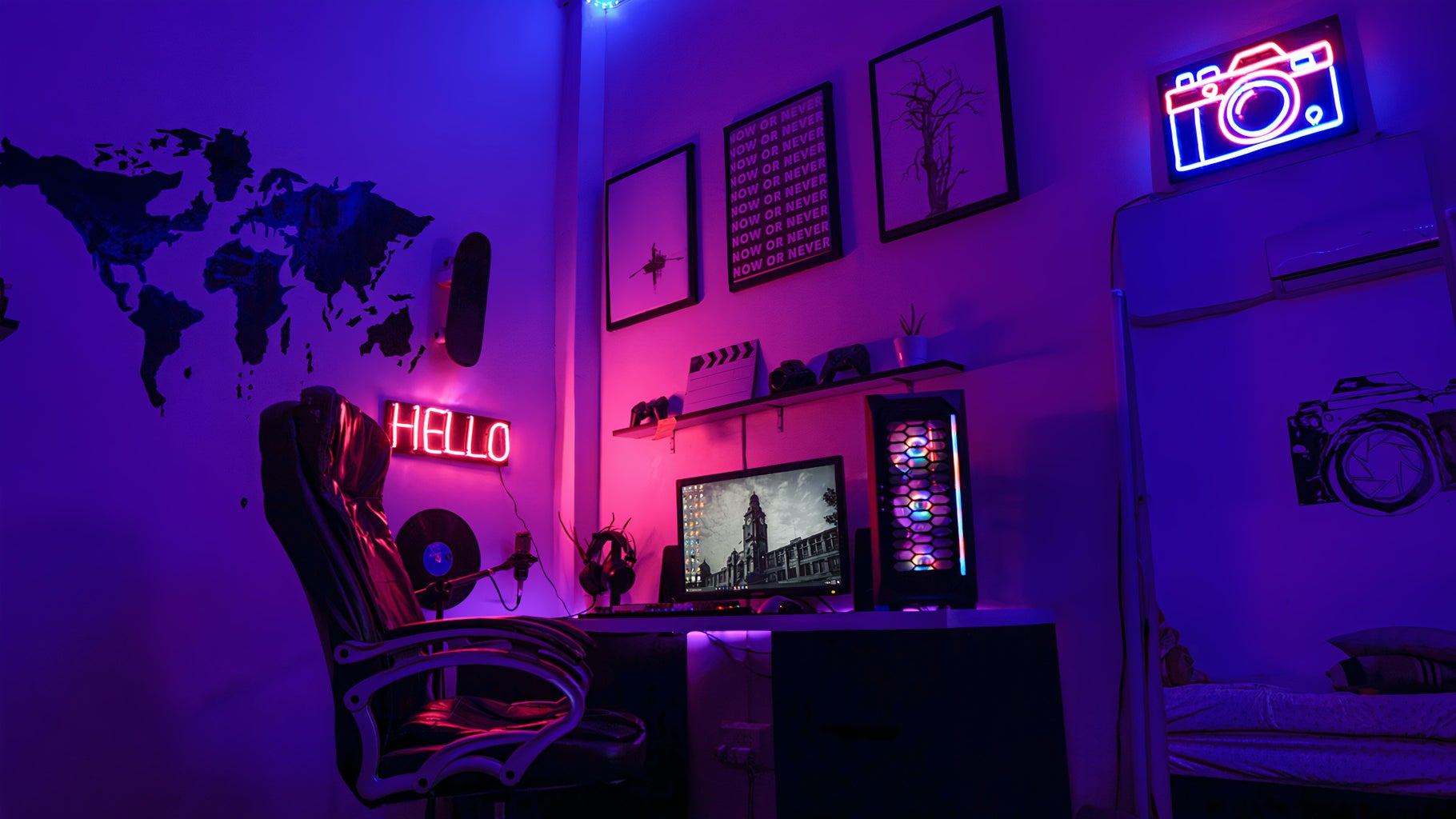 Relaxing office setup to record some beats in purple-pink lighting