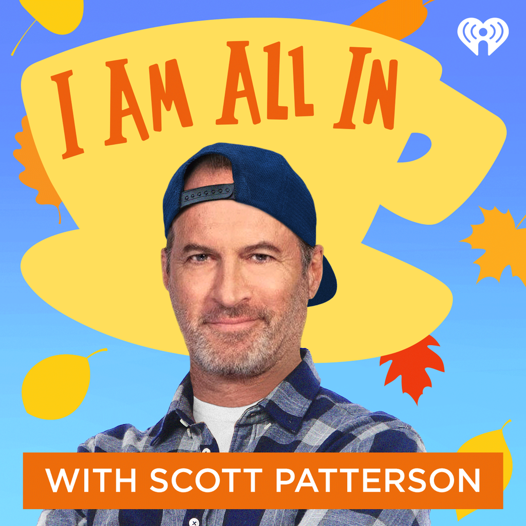 Blue, yellow and orange podcast logo featuring Scott Patterson in a blue cap and flannel shirt with the words \"I Am All In\" written on a yellow coffee mug with leaves falling in the back