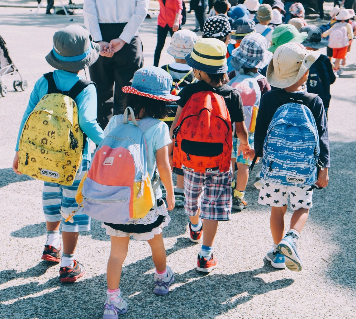 A group of kids wearing hats and bag packs walking