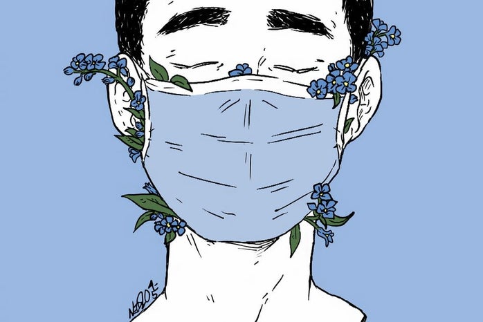forget-me-nots coming out of a mask