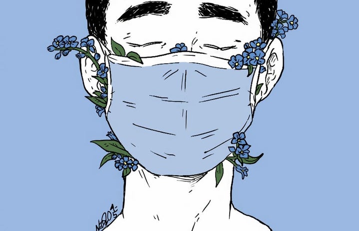 forget-me-nots coming out of a mask