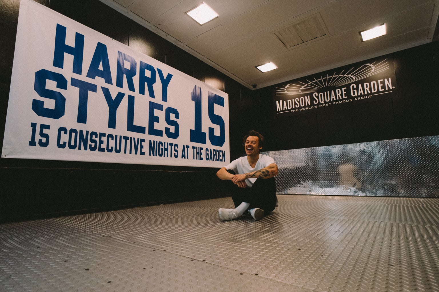 harry styles in front of msg banner smiling