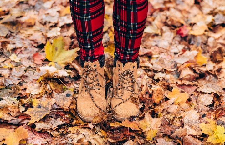 fall boots in fall leaves with plaid pants by Freestocksorg?width=719&height=464&fit=crop&auto=webp