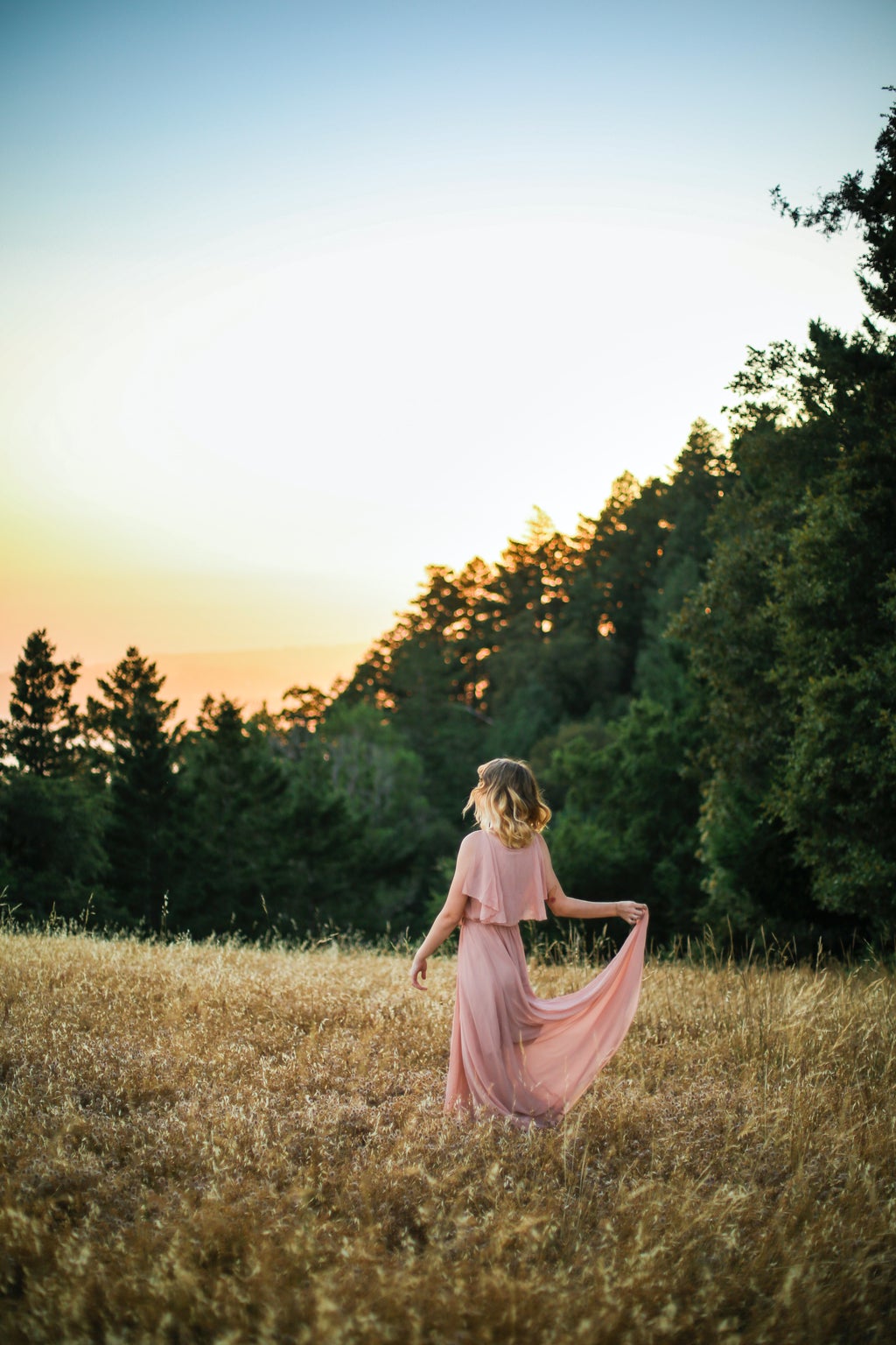 Girl in a long pink dress in a field.