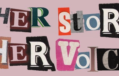 Retro Magazine Letter cutouts writing \"Her Story, Her Voice\"