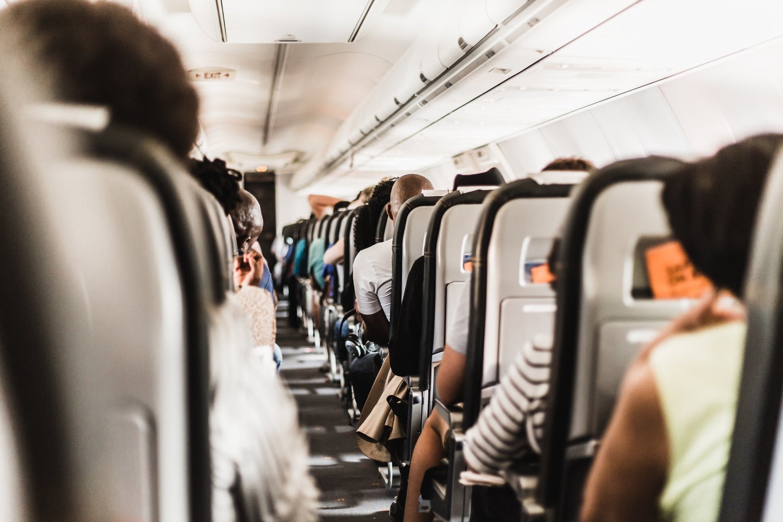 People sitting on a plane from behind