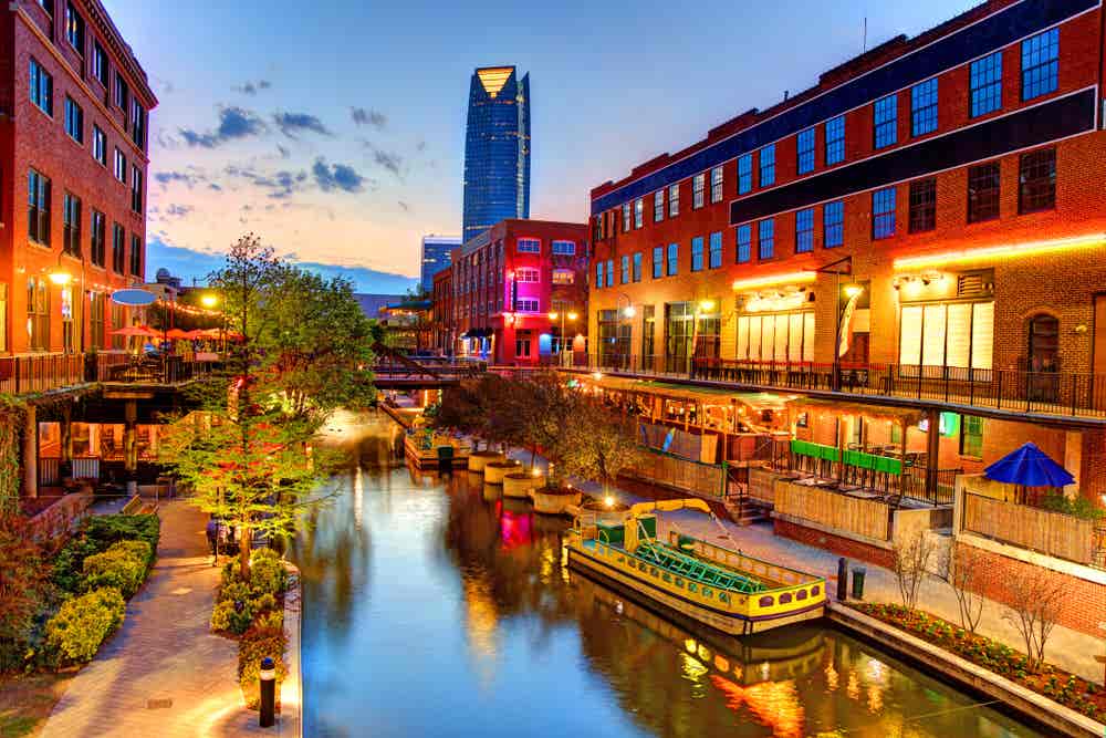 Evening view of the Bricktown Canal in Oklahoma City