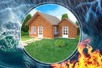 Illustration of a house surrounded by fire lightning and rain