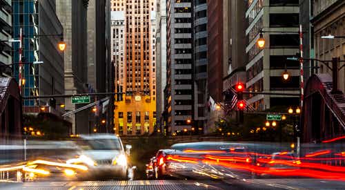Evening traffic trails in downtown Chicago
