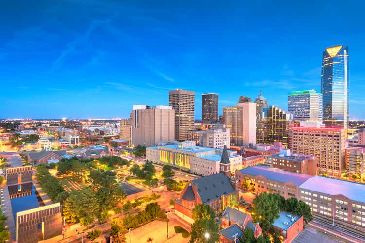 Downtown skyline of Oklahoma City, Oklahoma, USA at twilight.