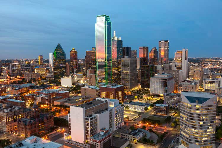 View over the Dallas downtown district illuminated at night. Texas, United States