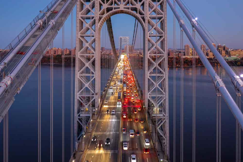 
Aerial view of the evening rush hour traffic on George Washington Bridge, as viewed from New Jersey