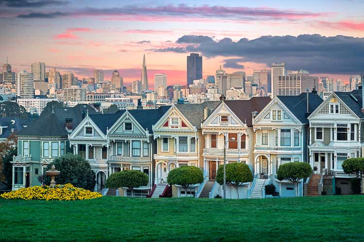 San Francisco cityscape with the Painted Ladies as seen from Alamo square park.