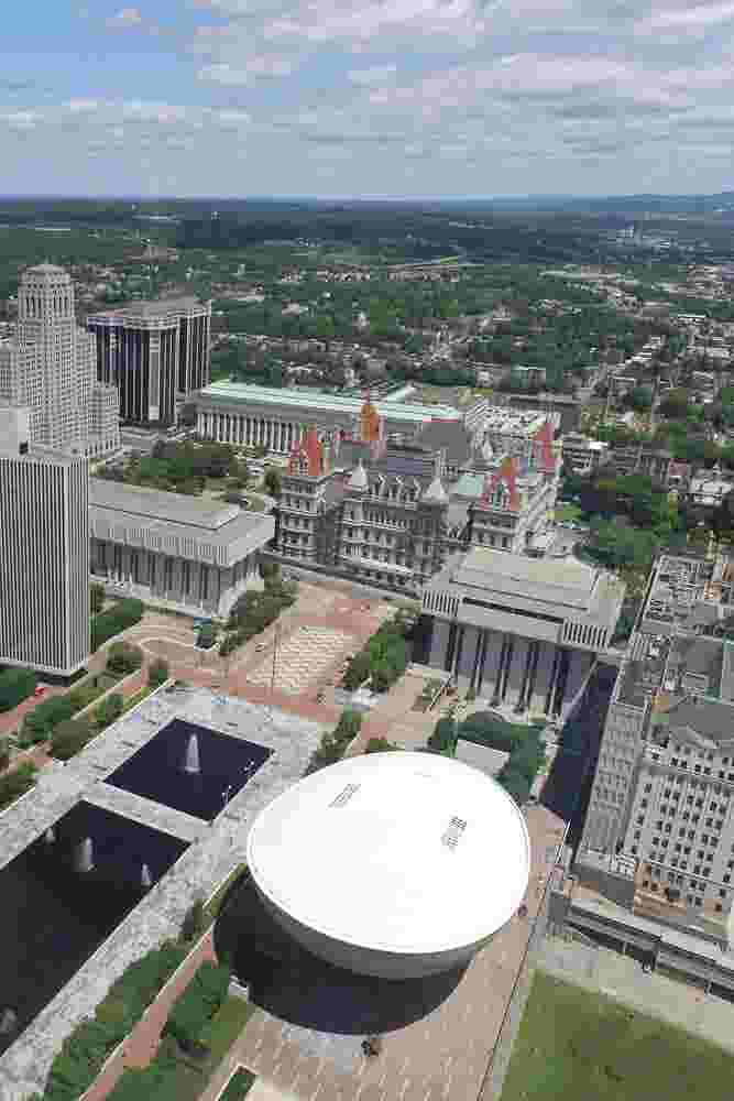 A view of the New York State capital, with the Empire Plaza government complex in the foreground, and the State House towards the back.