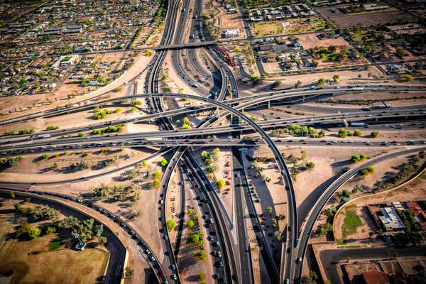 The connection of two major Arizona freeways in the area shot via helicopter from an altitude of about 1000 feet.