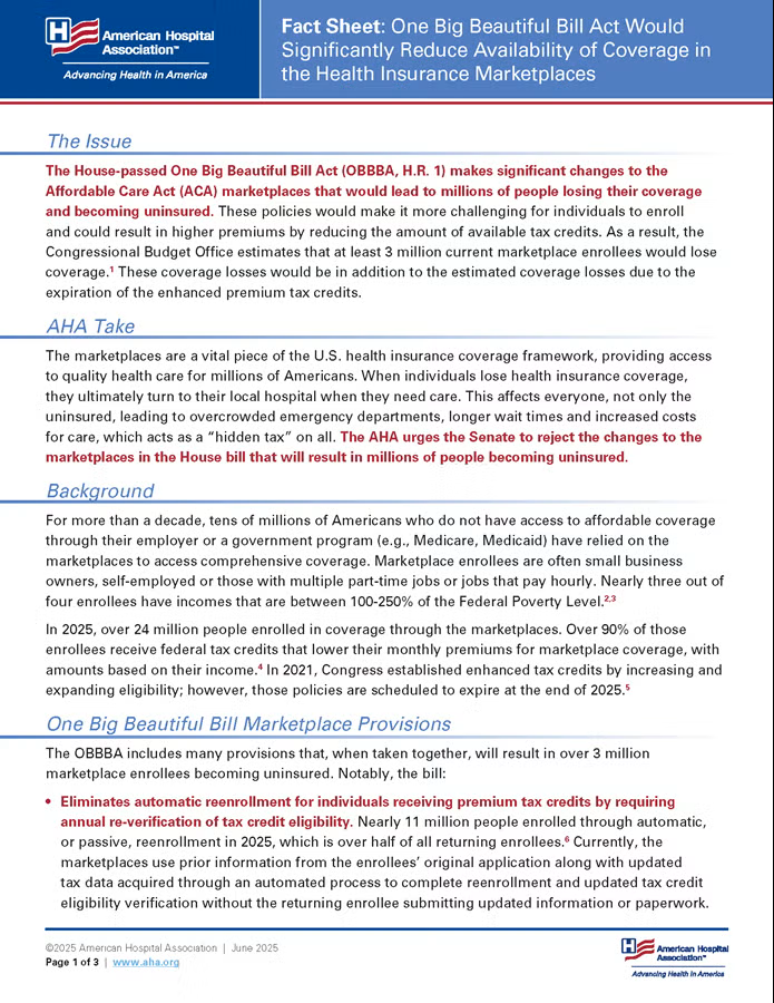 Fact Sheet: One Big Beautiful Bill Act Would Significantly Reduce Availability of Coverage in the Health Insurance Marketplaces page 1.