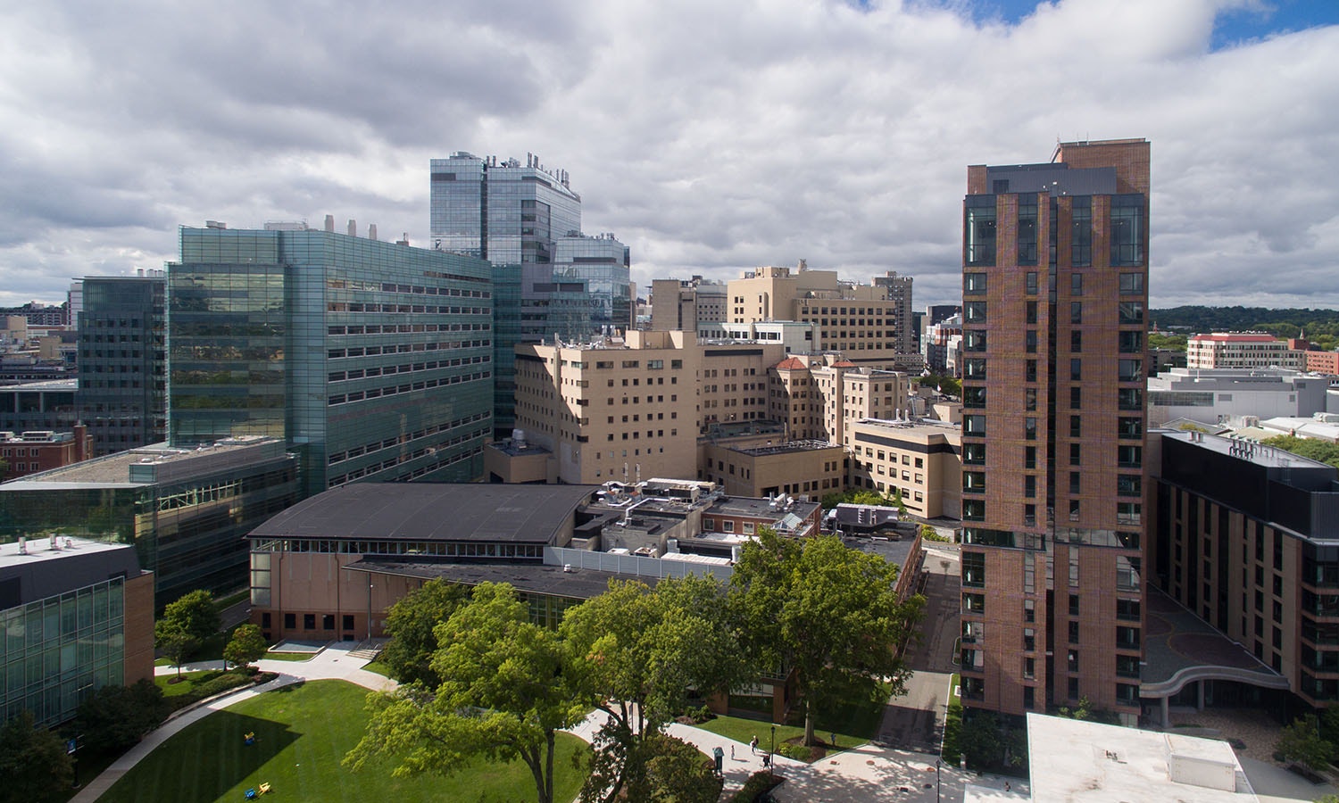 A view of the Longwood Medical Area, including Merck Research Laboratories and Beth Israel Hospital, from Emmanuel's campus