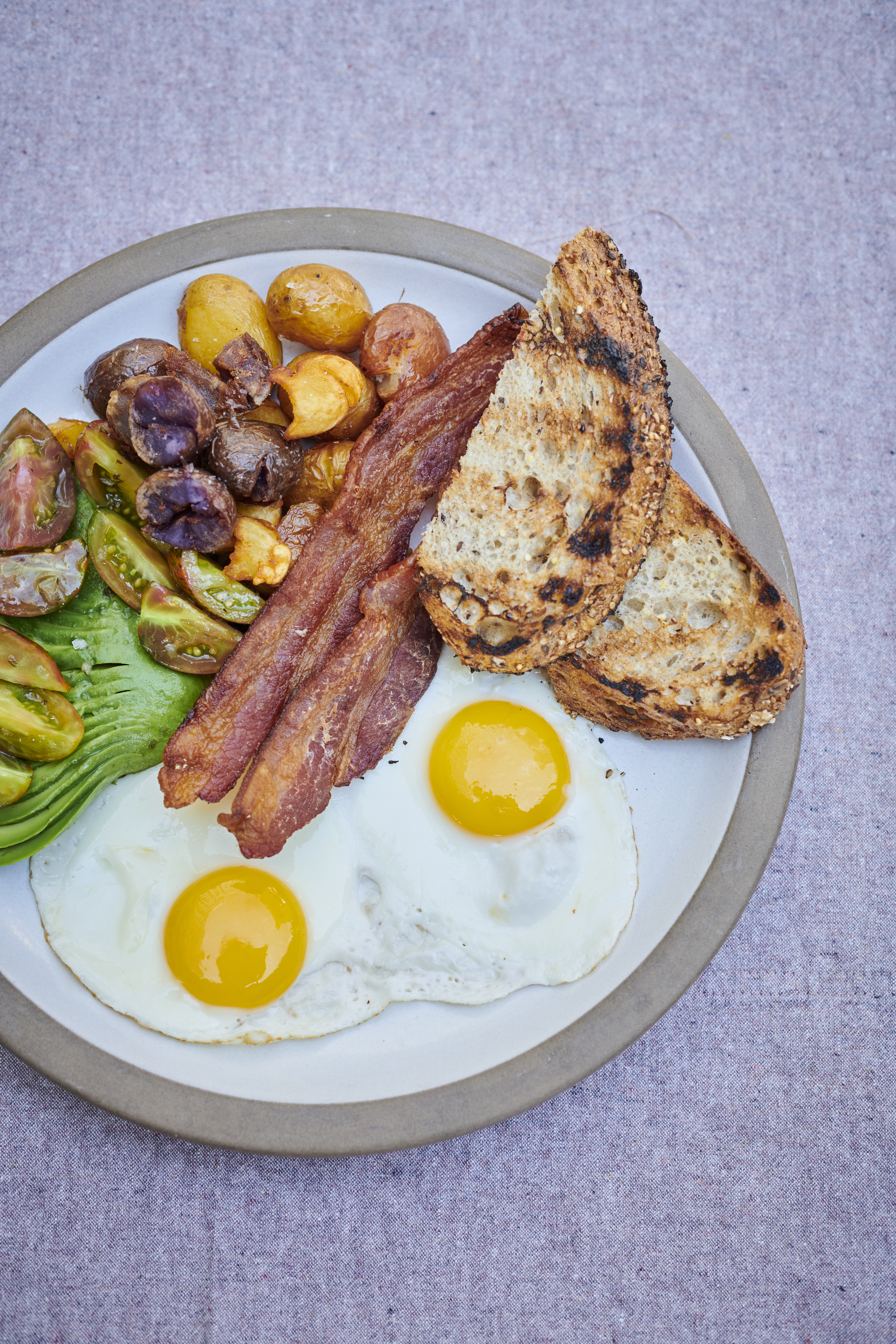 Bacon, eggs and toast on a plate