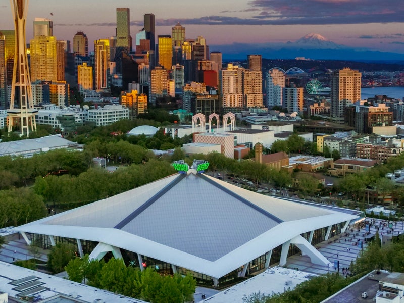 Birdseye view of climate pledge arena in Seattle