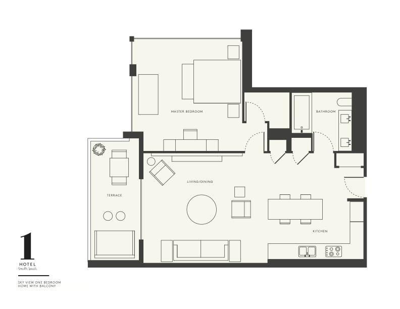 Plano de la casa Sky view de un dormitorio con balcón