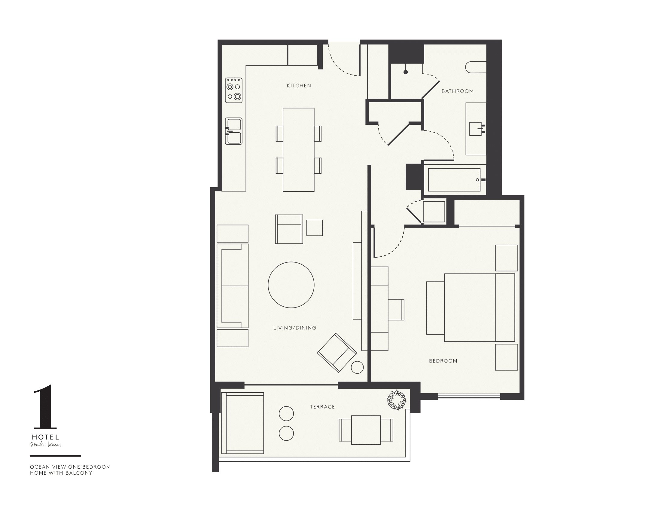Plan d'étage de la chambre à coucher Ocean View au 1 Hotel South Beach