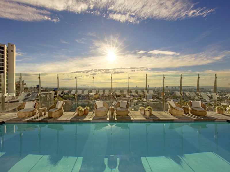 Poolside patio overlooking the city below