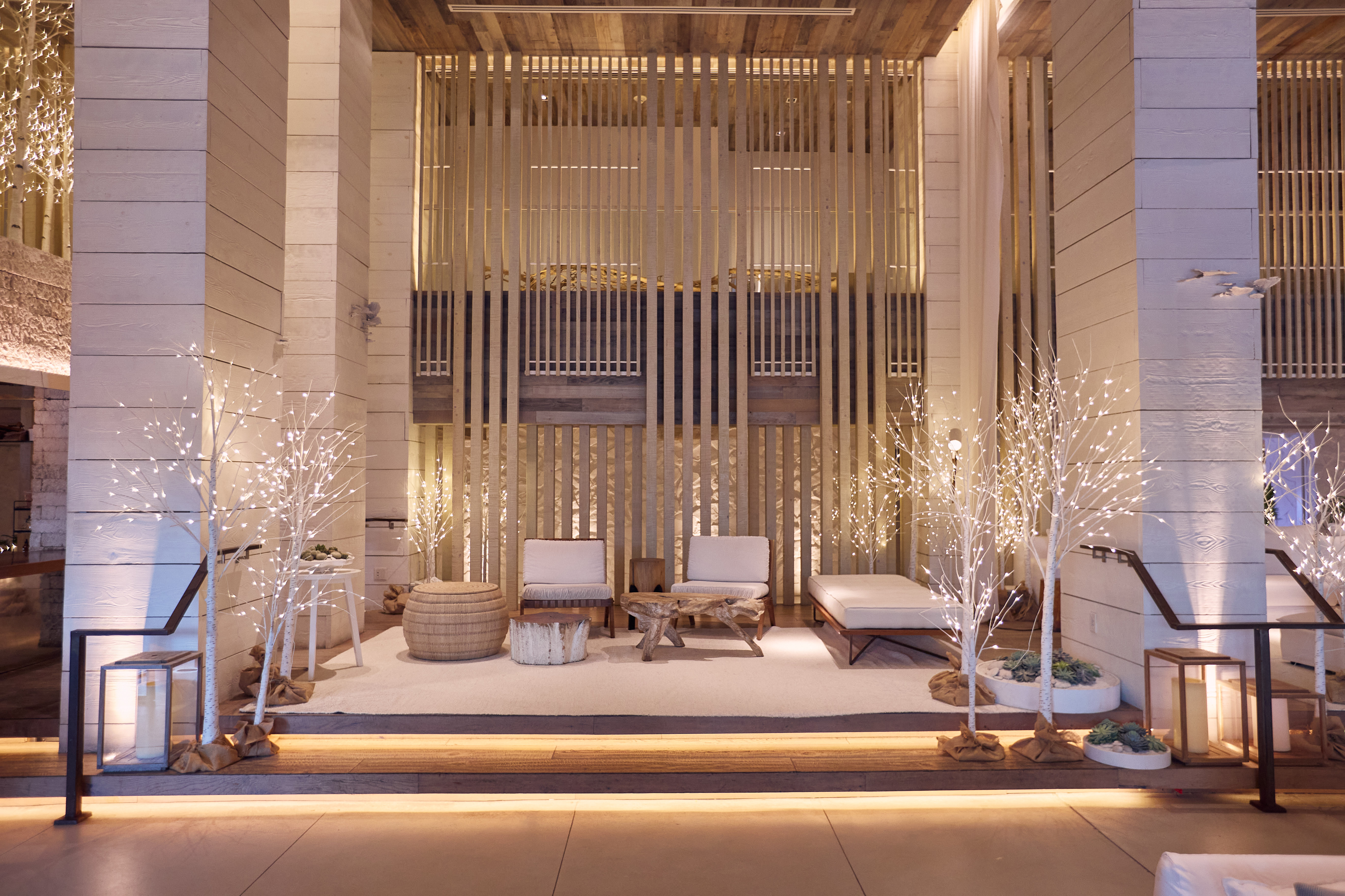 lobby decorated for the holidays 