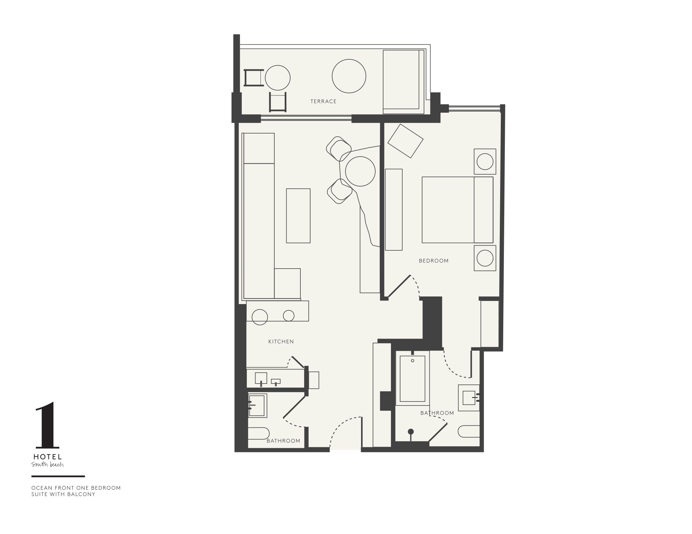 Plan d'étage de la suite d'une chambre avec vue sur l'océan au 1 Hotel South Beach