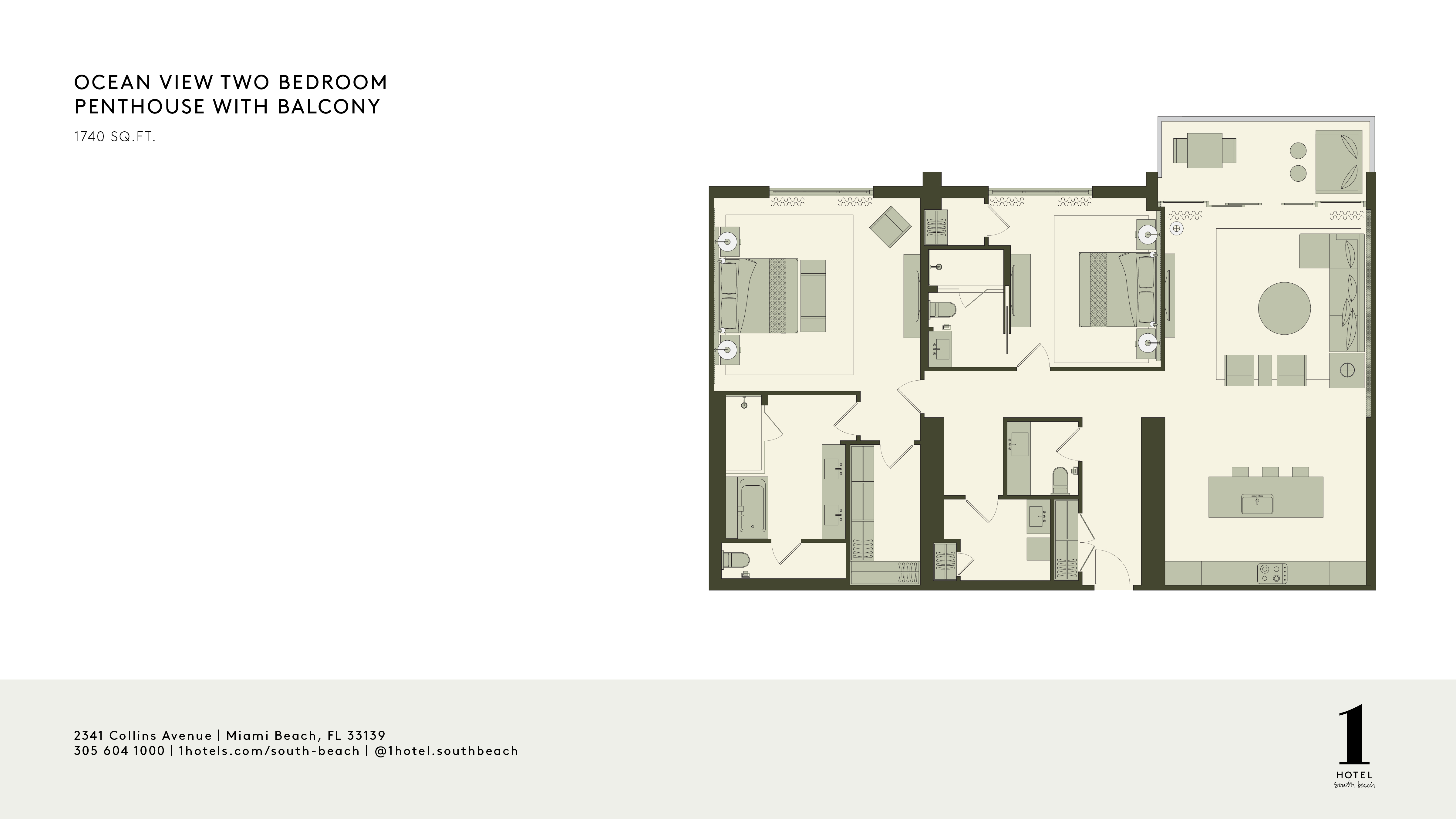 Plattegrond Penthouse met twee slaapkamers en balkon met zeezicht