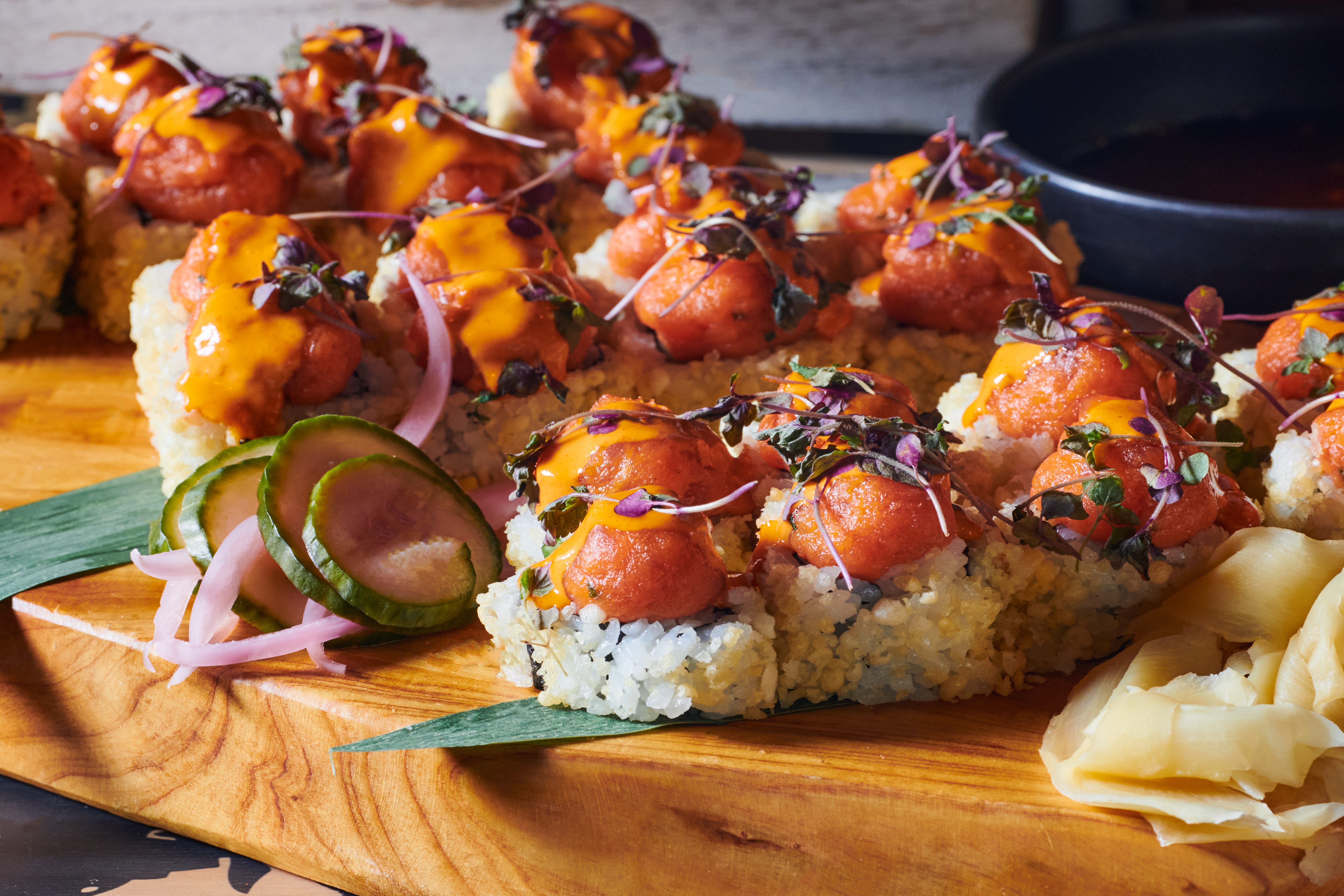 shushi rolls on a wooden board