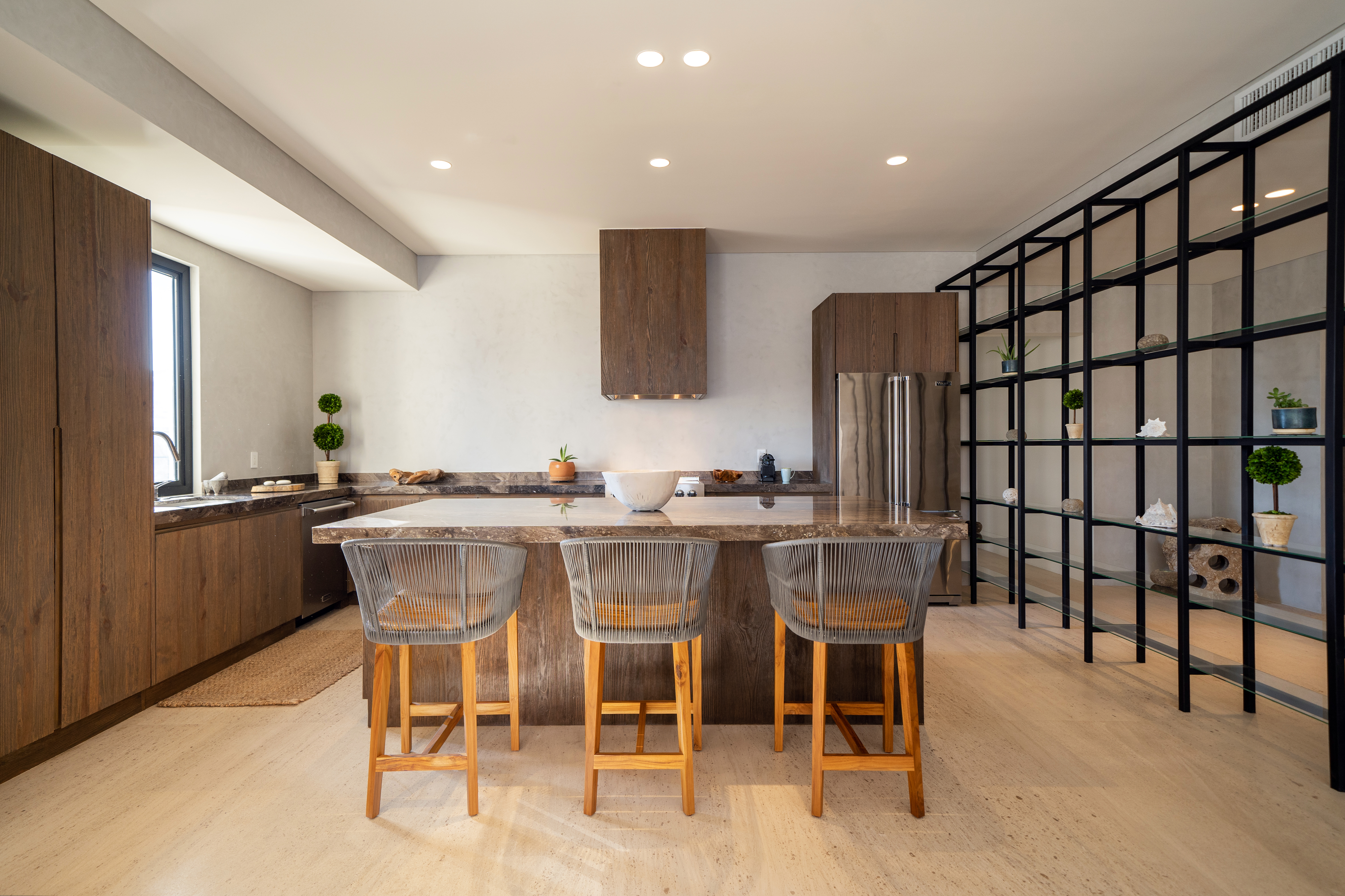 Steel frame chairs at a kitchen island