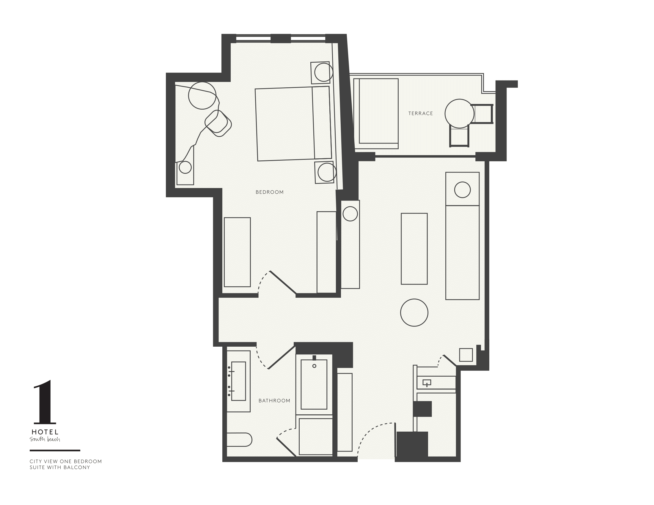 Plan d'étage de la City View one bedroom suite au 1 Hotel South Beach