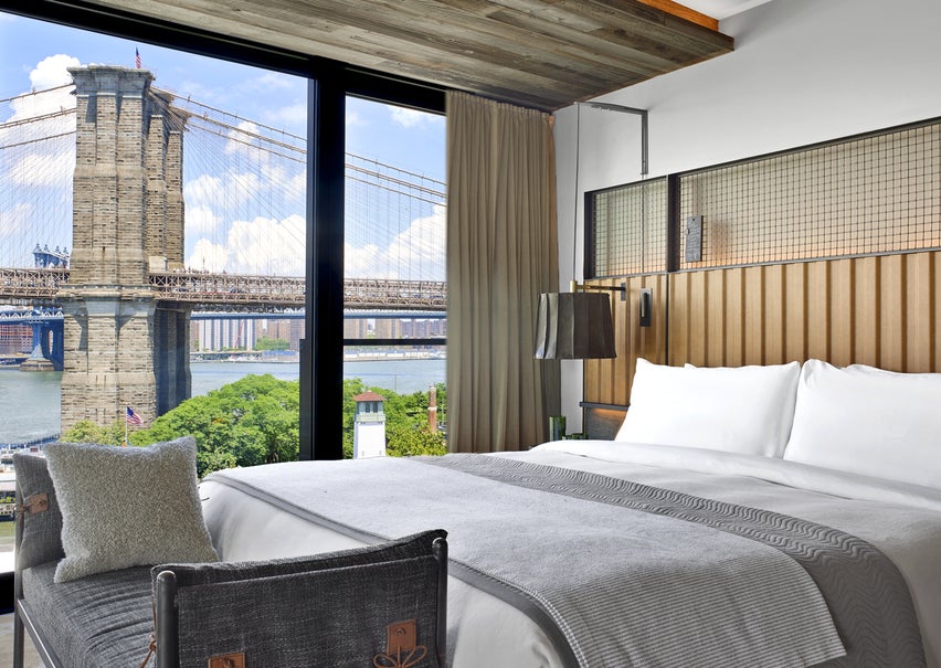 Hotel room with a view out to the Brooklyn Bridge
