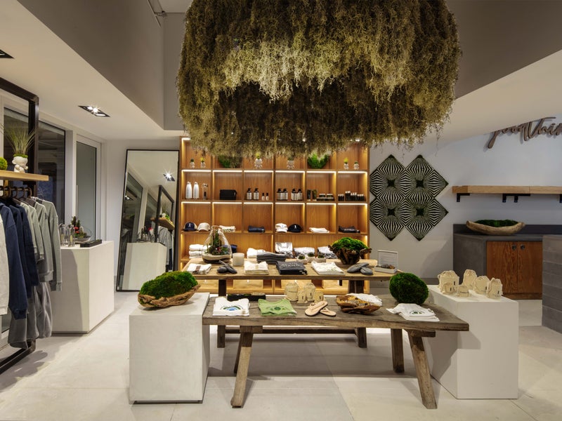 Store displays with clothing and accessories