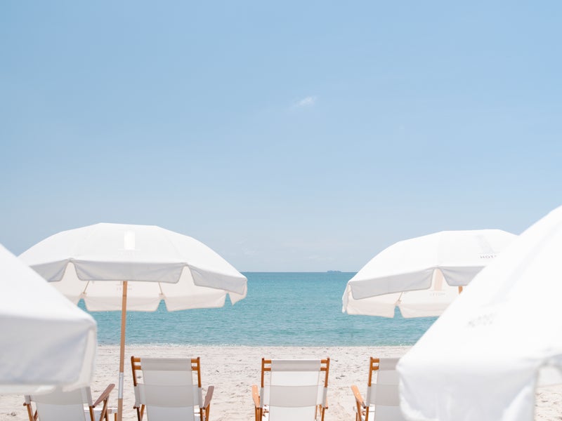 Beach chairs and umbrellas