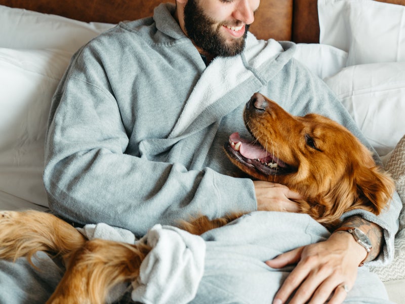 a man in a robe cuddling with his dog on a bed